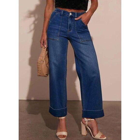Women’s High Waist Wide Leg Cropped Stretchy Denim Jeans Pockets - Picture 3 of 7